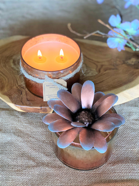 Gerbera Floral Lid Powder Glass Candle - Copper - 2 Wick I Soy Wax Candle