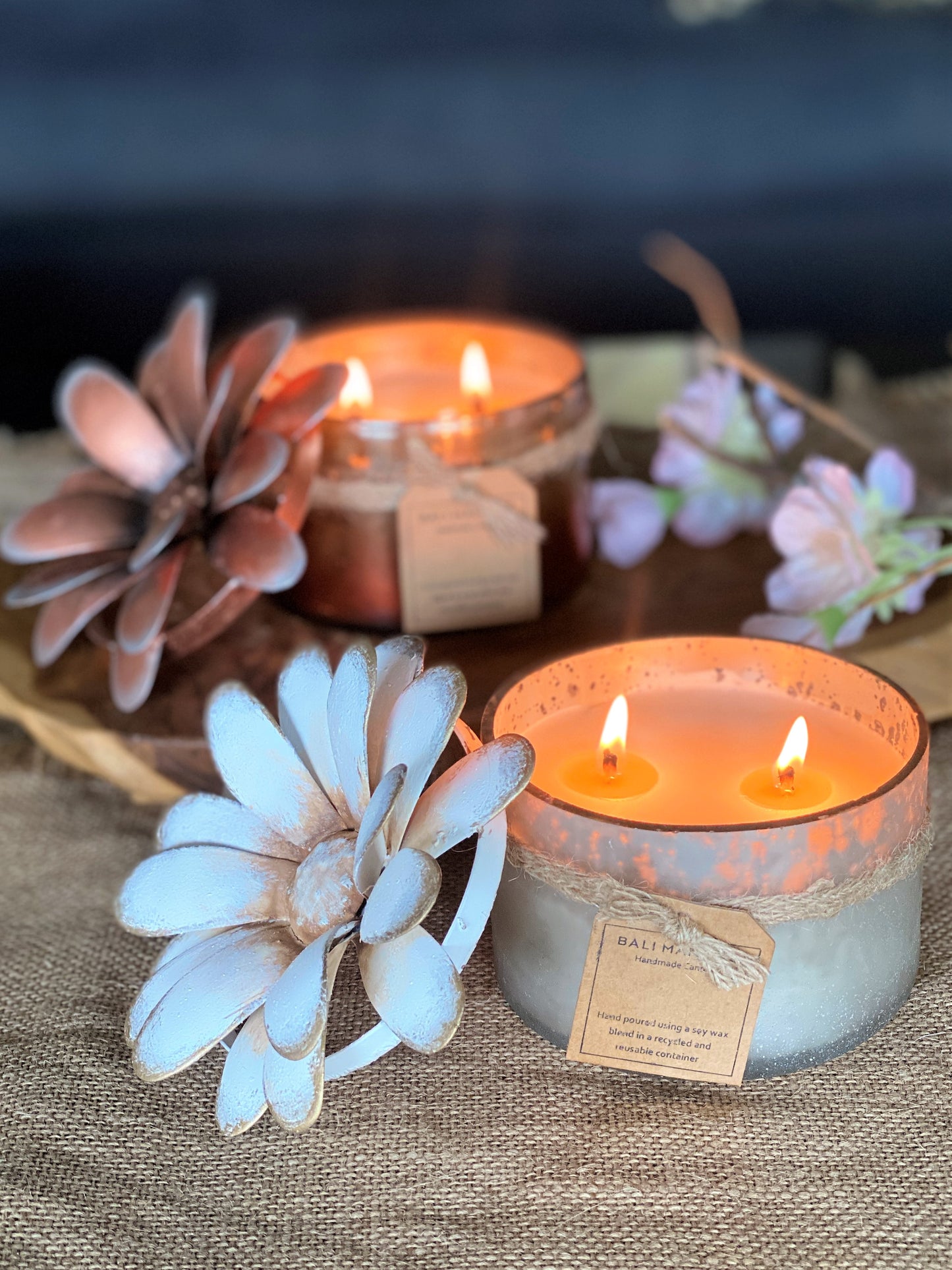 Gerbera Floral Lid Powder Glass Candle - White/Gold - 2 Wick I Soy Wax Candle