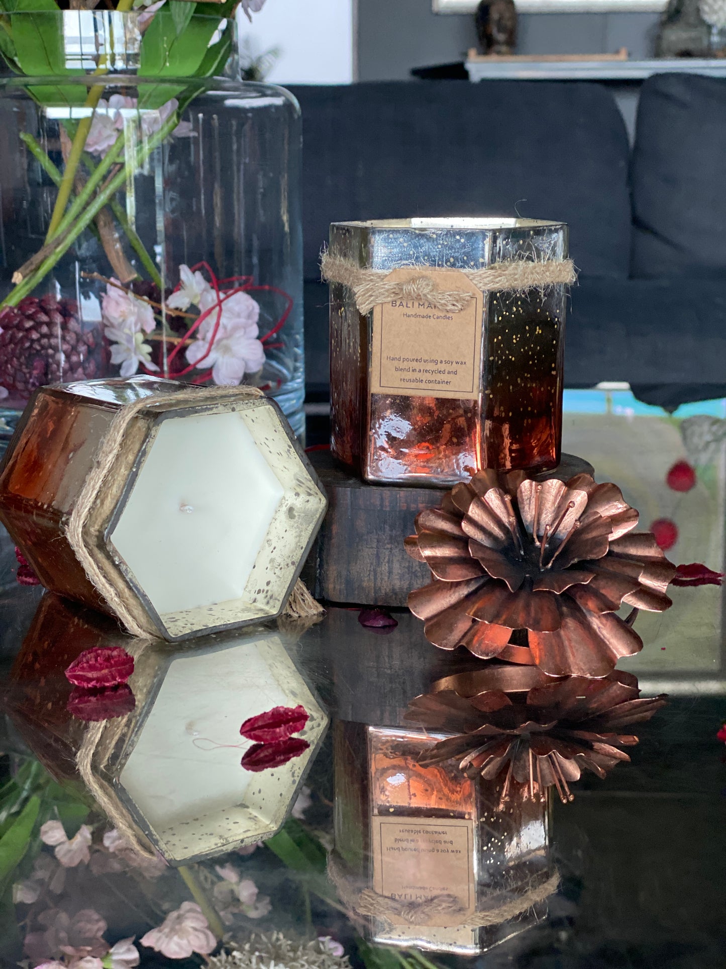 Hexagon Candle with Hibiscus Flower Lid - Copper I Soy Wax Candle