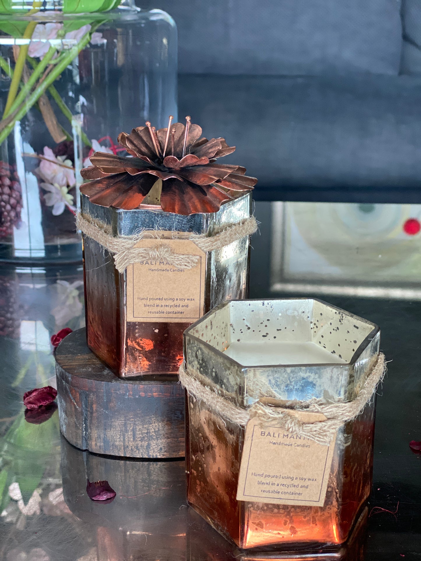Hexagon Candle with Hibiscus Flower Lid - Copper I Soy Wax Candle