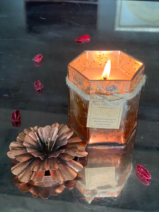Hexagon Candle with Hibiscus Flower Lid - Copper I Soy Wax Candle