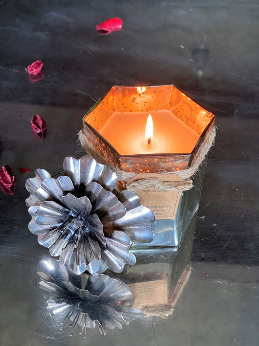 Hexagon Candle with Hibiscus Flower Lid - Silver/Black I Soy Wax Candle