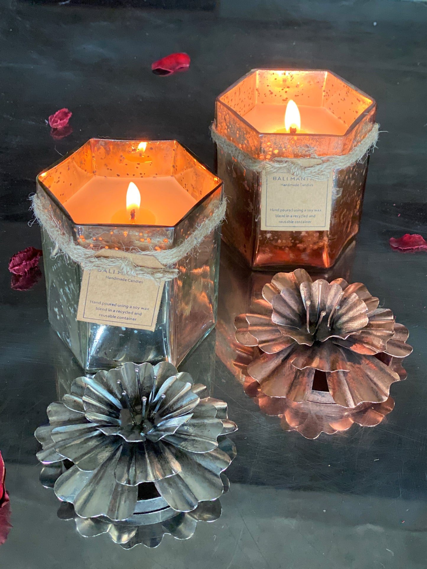 Hexagon Candle with Hibiscus Flower Lid - Copper I Soy Wax Candle