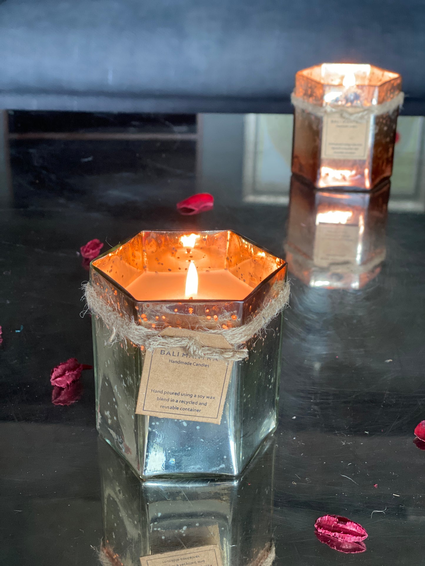 Hexagon Candle with Hibiscus Flower Lid - Silver/Black I Soy Wax Candle