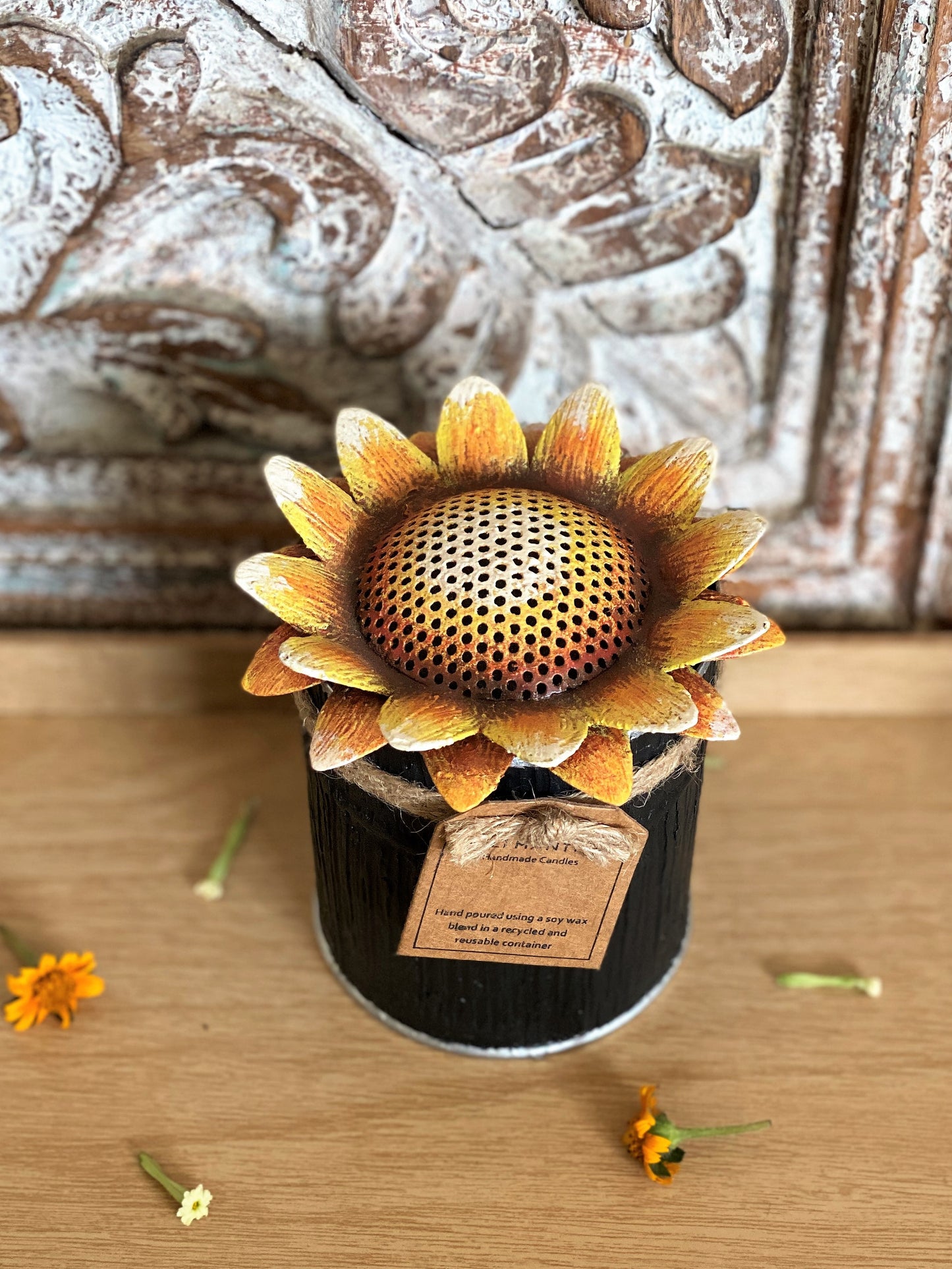 Spice Tin Striped Black with Sunflower Candle - Yellow