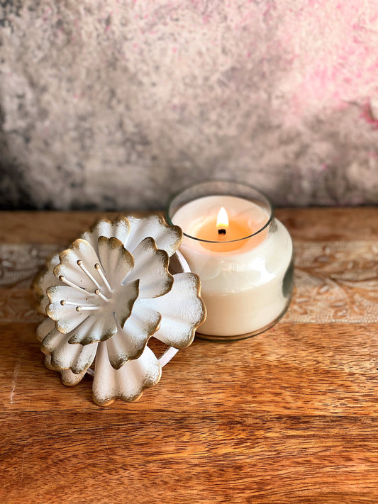 Volcano Votive Candle with Hibiscus Lid - White l Soy Wax Candle