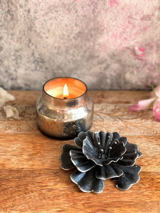 Volcano Votive Candle with Hibiscus Lid - Black I Soy Wax Candles