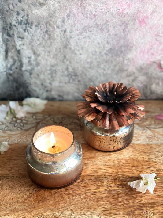 Volcano Votive Candle with Hibiscus Lid - Copper I Soy Wax Candle