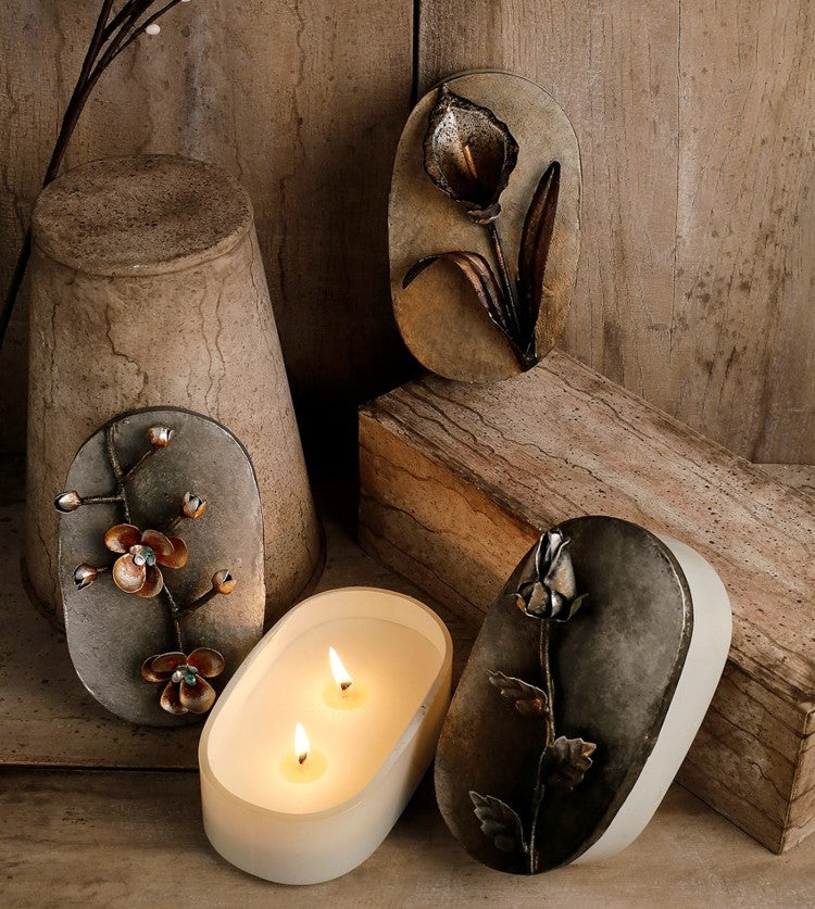 Orchid Flower Lid With Oval White Glass Candle - 2 Wick I Soy Wax