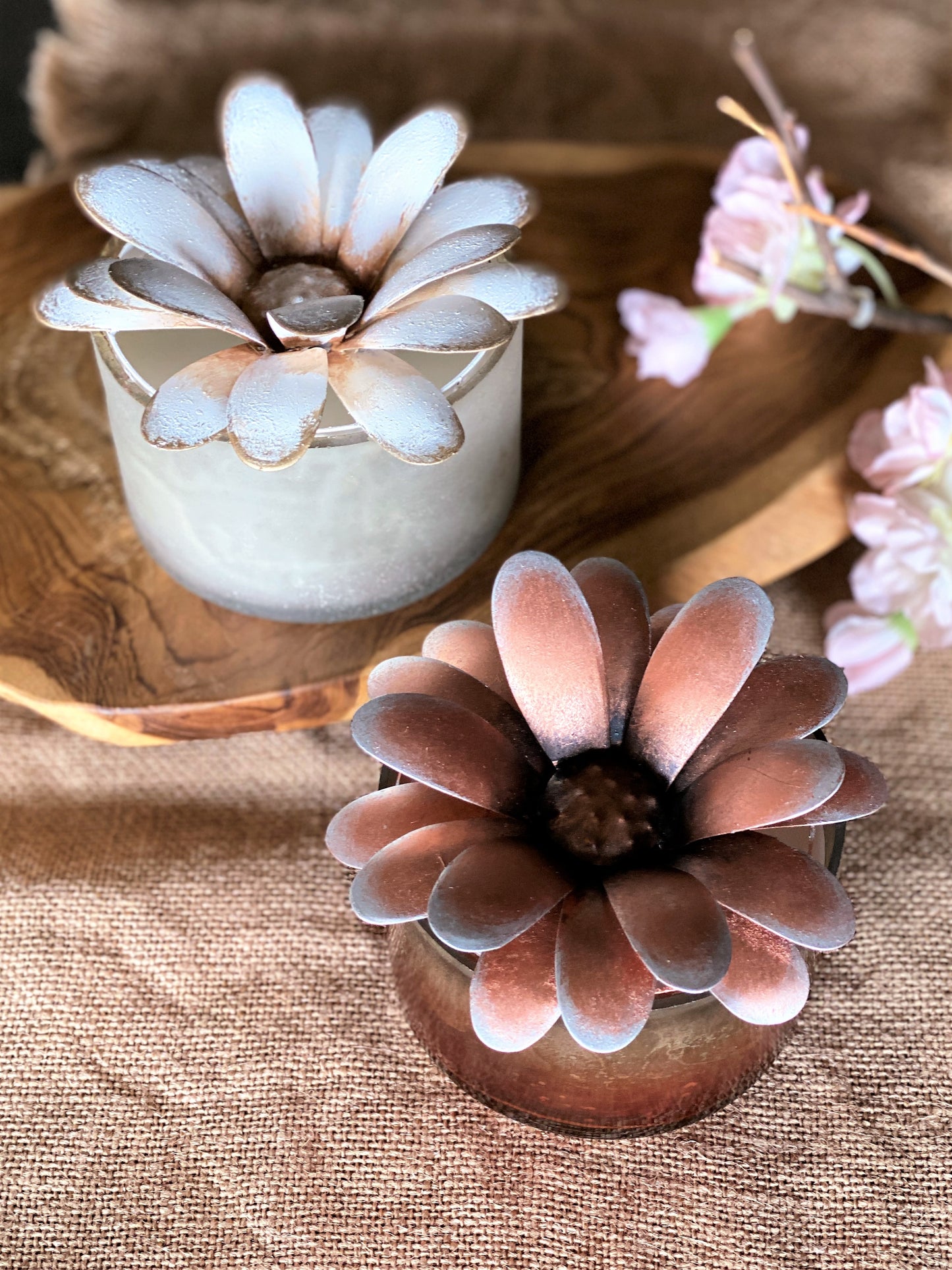 Gerbera Floral Lid Powder Glass Candle - Copper - 2 Wick I Soy Wax Candle