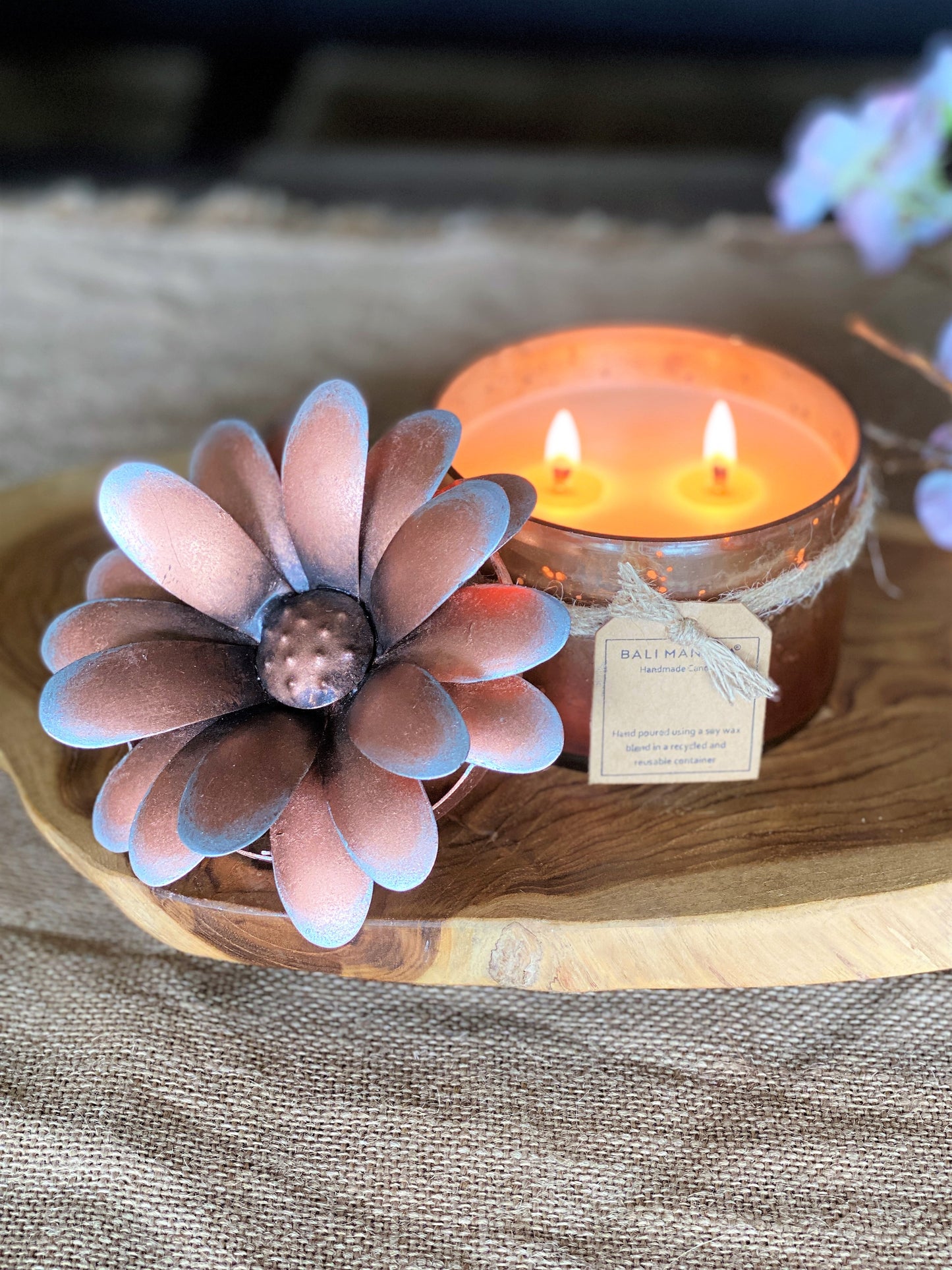 Gerbera Floral Lid Powder Glass Candle - Copper - 2 Wick I Soy Wax Candle