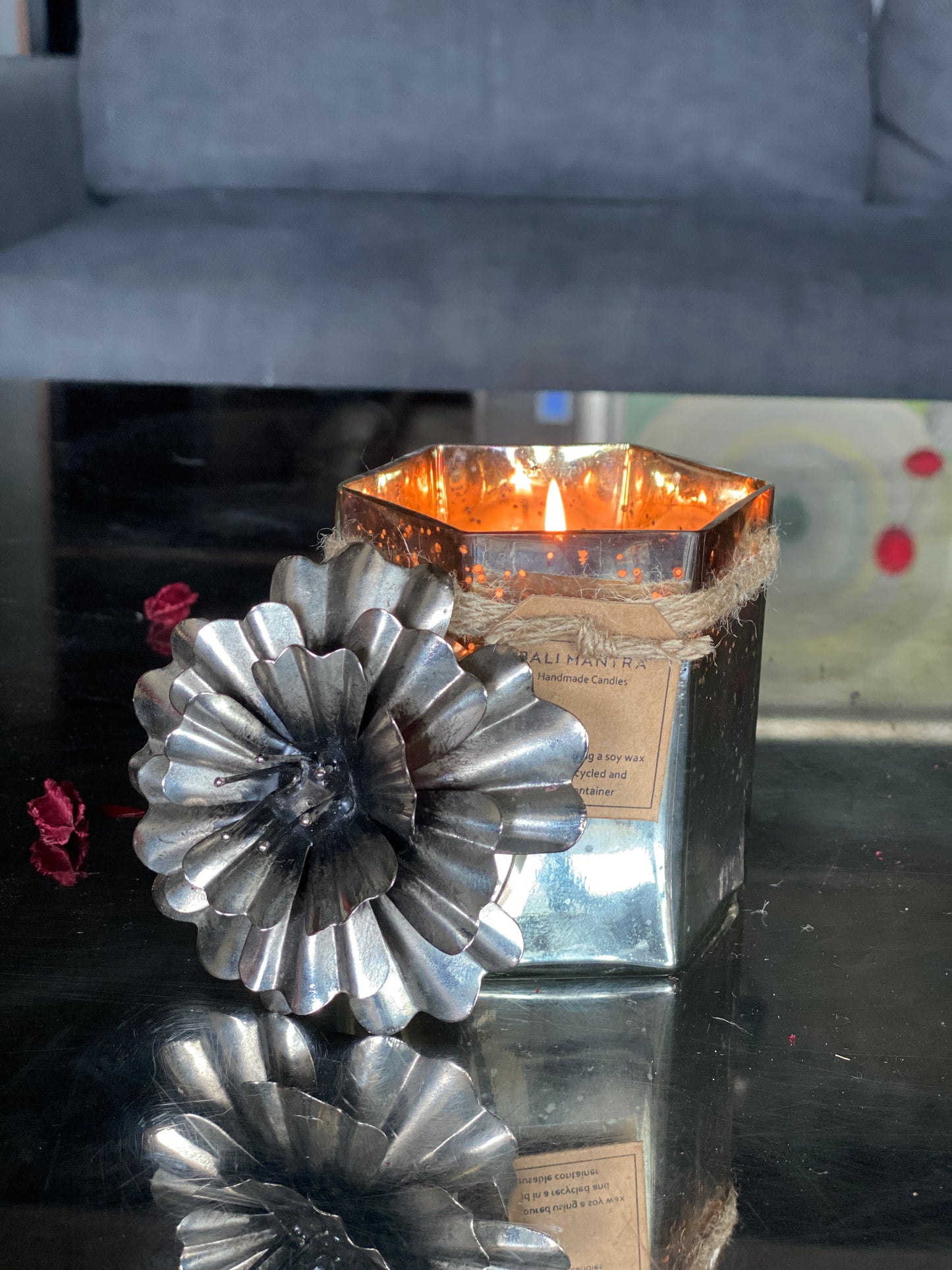 Hexagon Candle with Hibiscus Flower Lid - Silver/Black I Soy Wax Candle