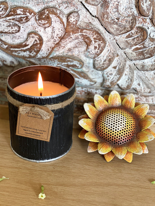 Spice Tin Striped Black with Sunflower Candle - Yellow