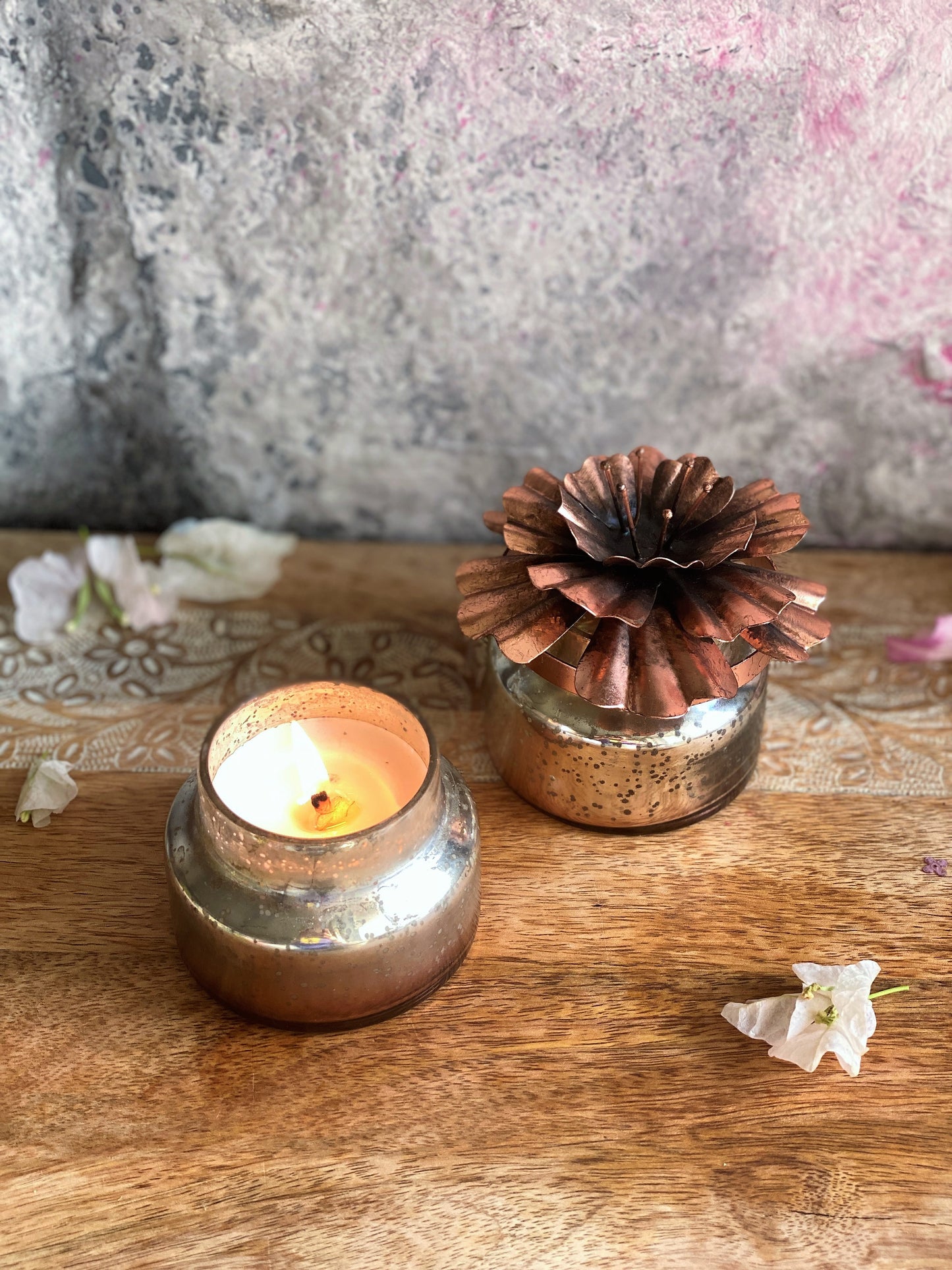 Volcano Votive Candle with Hibiscus Lid - Copper I Soy Wax Candle